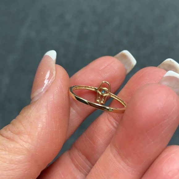 New 14K Yellow Gold Blue CZ Hamsa Ring Band - Picture 7 of 10